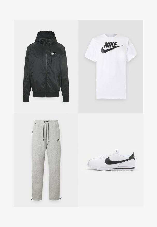 Schwarze Nylon-Bomberjacke mit Kapuze, Reißverschluss, elastischen Bündchen und Schulterpaneelen. Verfügt über ein kleines weißes Nike-Logo auf der Brust.; Weißes kurzärmeliges T-Shirt mit schwarzem Nike-Logo und Swoosh, zentriert auf der Brust, vor einfarbigem grauem Hintergrund.; Graue Nike Sweatpants mit einem Kordelzugbund, Seitentaschen und elastischen Bündchen. Sie haben eine glatte Textur und ein kontrastierendes schwarzes Logodetail.; Weiße Ledersneaker mit schwarzem Nike-Swoosh, flachen Schnürsenkeln und strukturiertem Gummisohlen. Abgerundete Zehenpartie und gepolsterter Kragen für zusätzlichen Komfort.