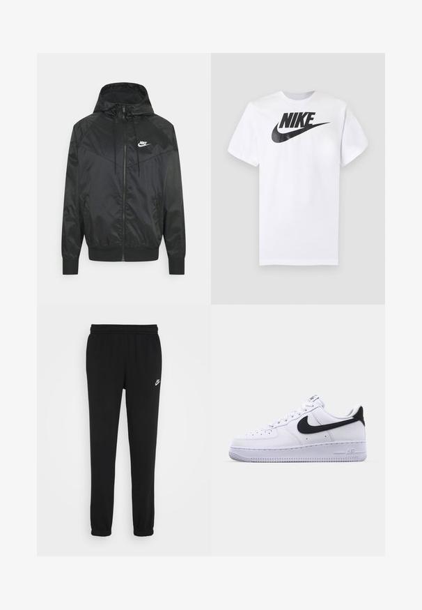 Sort nylon bomberjakke med hætte, lynlåslukning, elastiske ærmer og skulderpaneler. Har et lille hvidt Nike-logo på brystet.; Hvid T-shirt med korte ærmer med sort Nike-logo og swoosh centreret på brystet mod en ensfarvet grå baggrund.; Sorte sweatpants med elastisk talje, ribbede ankler og et lille hvidt Nike-logo på venstre side. Fremstillet af blødt strukturstof.; Hvide lædersneakers med en struktureret sort Swoosh, flade snørebånd og en gummisål med et rillemønster. "AIR" er præget på hælen.