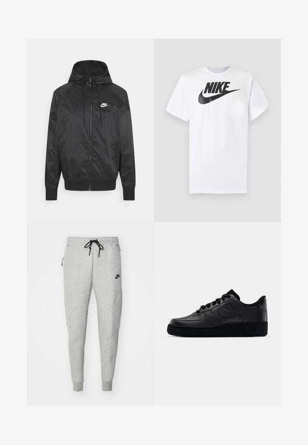Schwarze Nylon-Bomberjacke mit Kapuze, Reißverschluss, elastischen Bündchen und Schulterpaneelen. Verfügt über ein kleines weißes Nike-Logo auf der Brust.; Weißes kurzärmeliges T-Shirt mit schwarzem Nike-Logo und Swoosh, zentriert auf der Brust, vor einfarbigem grauem Hintergrund.; Graue Sweatpants mit glatter Textur, elastischem Bund, verstellbarem schwarzem Kordelzug, zwei seitlichen Taschen und einem kleinen schwarzen Logo.; Schwarzer Nike Air Force 1 Schuh mit einem glatten Lederoberteil, perforierter Zehenpartie für Atmungsaktivität, schwarzen Schnürsenkeln und einer strukturierten Gummisohle.