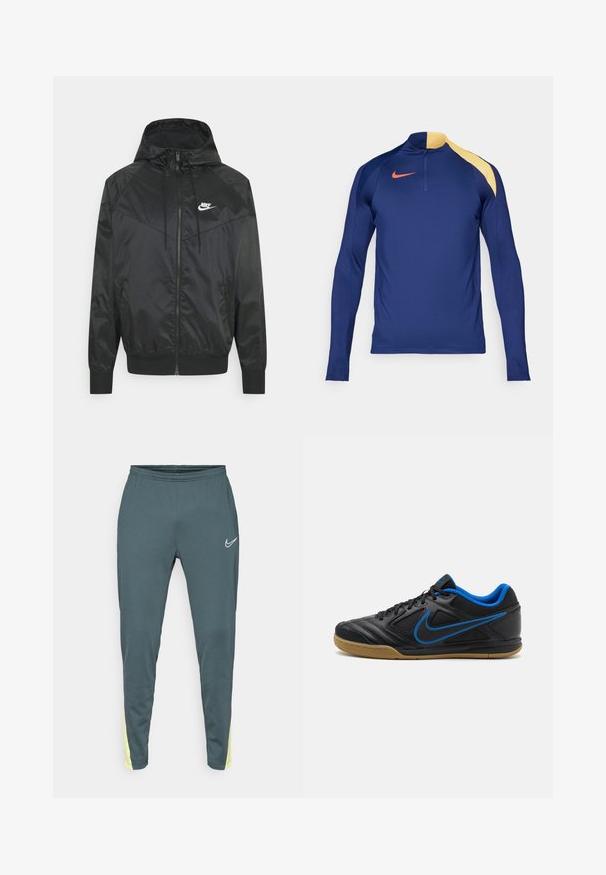 Schwarze Nylon-Bomberjacke mit Kapuze, Reißverschluss, elastischen Bündchen und Schulterpaneelen. Verfügt über ein kleines weißes Nike-Logo auf der Brust.; Navyblaue Sportoberteil mit langen Ärmeln, gelbem Schulterakzent, Halbreißverschlusskragen und rotem Nike-Swoosh-Logo auf der Brust.; Dunkelblaugrüne Sporthosen mit einem elastischen Bund, schmal zulaufenden Beinen und hellgelben Akzenten an den Seiten. Verfügt über ein weißes Logo auf der Vorderseite.; Schwarze Sportschuhe mit blauen Akzenten, strukturierter Synthetik-Oberfläche, Schnürverschluss und Gummisohle. Merkmale ein auffälliges Logo-Detail an der Seite.