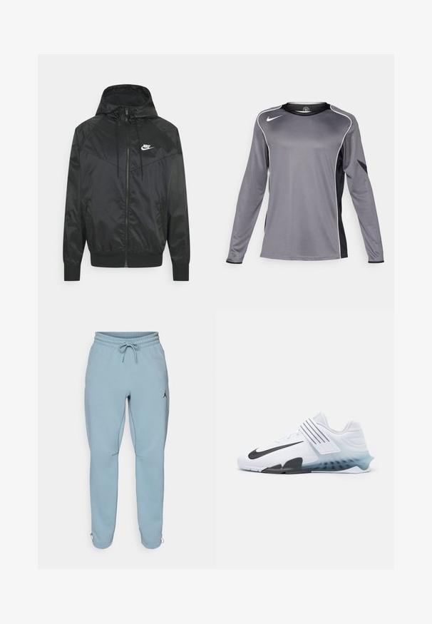 Chaqueta bomber negra de nailon con capucha, cierre de cremallera, puños elásticos y paneles en los hombros. Presenta un pequeño logo blanco de Nike en el pecho.; Camisa deportiva de manga larga en gris con detalles en negro. Fabricada en un tejido suave y ligero. Presenta ribetes blancos a lo largo de los hombros.; Pantalones deportivos de un azul claro, confeccionados en una tela suave, con una waistband elástica y cordón, bolsillos laterales y un pequeño logo negro en el muslo.; Zapato atlético blanco con el logotipo negro de Nike, parte superior de malla, tres franjas negras y una suela con degradado de azul a transparente. Presenta acentos reforzados.