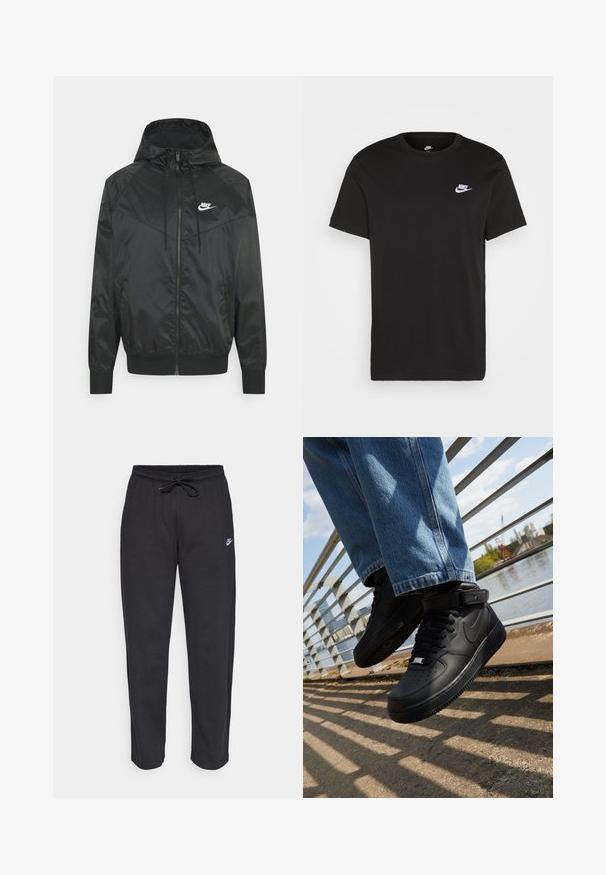 Sort nylon bomberjakke med hætte, lynlåslukning, elastiske ærmer og skulderpaneler. Har et lille hvidt Nike-logo på brystet.; Sort bomuld T-shirt med korte ærmer, rund hals og et lille hvidt Nike-logo på den øverste venstre bryst. Glat tekstur. Klassisk pasform.; Sorte sweatpants lavet af blødt stof med elastisk talje, snøre og et lille Nike-logo på venstre lår.; Sorte Nike Air Force 1 sneakers med læderoverdel, mesh-tunge og gummisål, der har et høj-top design og tykke snørebånd.