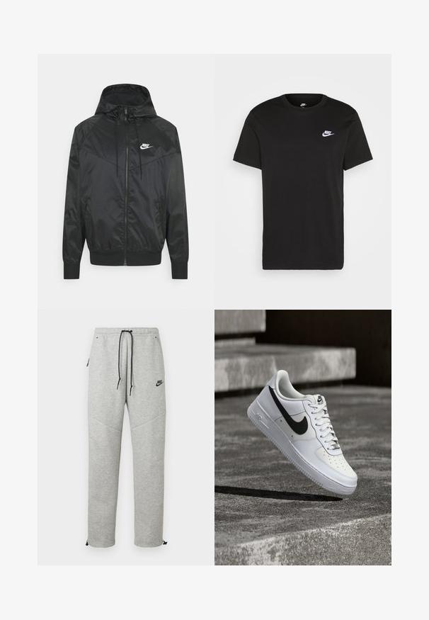 Schwarze Nylon-Bomberjacke mit Kapuze, Reißverschluss, elastischen Bündchen und Schulterpaneelen. Verfügt über ein kleines weißes Nike-Logo auf der Brust.; Schwarzes Baumwoll-T-Shirt mit kurzen Ärmeln, Rundhals und kleinem weißem Nike-Logo auf der oberen linken Brust. Glatte Textur. Klassische Passform.; Graue Nike Sweatpants mit einem Kordelzugbund, Seitentaschen und elastischen Bündchen. Sie haben eine glatte Textur und ein kontrastierendes schwarzes Logodetail.; Weißer Nike Air Force 1 Sneaker mit schwarzem Swoosh, geschnürten Schnürsenkeln, schwebend in der Luft über einer strukturierten Betonoberfläche im Freien.