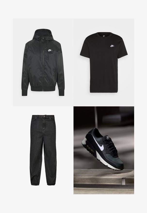 Zwarte nylon bomberjack met capuchon, ritssluiting, elastische manchetten en schouderpanelen. Voorzien van een klein wit Nike-logo op de borst.; Zwart katoen T-shirt met korte mouwen, ronde hals en een klein wit Nike-logo op de bovenste linkerborst. Gladde textuur. Klassieke pasvorm.; Zwarte spijkerbroek van denim met een relaxte pasvorm, voorzien van een sluiting met een knoop aan de voorkant, vijf zakken en subtiele vervagingsdetails op de stof.; Zwart-grijze Nike Air Max sneaker met witte swoosh, zwevend boven een betonnen oppervlak tegen een wazige donkere achtergrond.