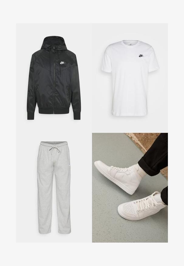 Sort nylon bomberjakke med hætte, lynlåslukning, elastiske ærmer og skulderpaneler. Har et lille hvidt Nike-logo på brystet.; Hvid bomulds T-shirt med rund hals, korte ærmer og et sort Nike-logo på venstre bryst. Enkel, ensfarvet design.; Lys grå sweatpants lavet af blødt stof. Har en elastisk talje med snøre og Nike-logo i sort på venstre lår.; Hvide høj-top sneakers lavet af glat læder med perforeret tå, snørelukning og subtil logo detaljer på siden. Tekstureret gummisål.