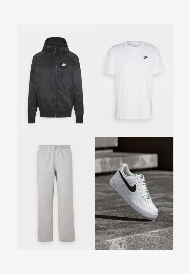 Schwarze Nylon-Bomberjacke mit Kapuze, Reißverschluss, elastischen Bündchen und Schulterpaneelen. Verfügt über ein kleines weißes Nike-Logo auf der Brust.; Weißes Baumwoll-T-Shirt mit Rundhalsausschnitt, kurzen Ärmeln und einem schwarzen Nike-Logo auf der linken Brust. Einfaches, einfarbiges Design.; Graue Jogginghosen mit einem elastischen Bund und Kordelzug. Hergestellt aus weichem Stoff, zeichnen sie sich durch gerade Beine und ein dezentes Logodetail aus.; Weißer Nike Air Force 1 Sneaker mit schwarzem Swoosh, geschnürten Schnürsenkeln, schwebend in der Luft über einer strukturierten Betonoberfläche im Freien.