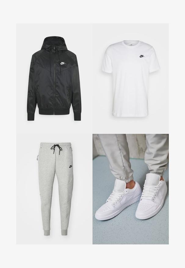 Zwarte nylon bomberjack met capuchon, ritssluiting, elastische manchetten en schouderpanelen. Voorzien van een klein wit Nike-logo op de borst.; Witte katoenen t-shirt met ronde hals, korte mouwen en een zwart Nike-logo op de linkerkant van de borst. Eenvoudig, effen kleur ontwerp.; Grijze sweatpants met een gladde textuur, elastische tailleband, verstelbaar zwart trekkoord, twee zijzakken en een klein zwart logo.; Witte leren sneakers met een geperforeerde neus, platte veters, een gepolsterde kraag en het Jordan-logo op de tong. Gediend met grijze joggers.