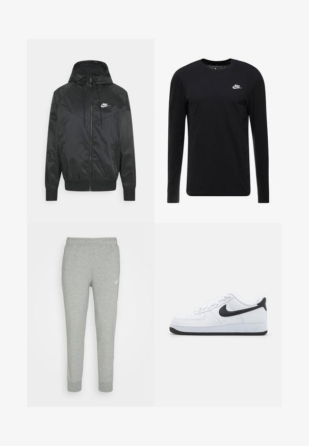 Zwarte nylon bomberjack met capuchon, ritssluiting, elastische manchetten en schouderpanelen. Voorzien van een klein wit Nike-logo op de borst.; Zwart langemouwen T-shirt van katoen, met een ronde hals, ribgebreide manchetten en een klein wit Nike-logo op de borst.; Grijze trainingsbroek van zacht materiaal, met een taps toelopend ontwerp, elastische tailleband en klein wit Nike-logo op de linker bovenbeen.; Witte leren sneakers met een zwart Nike Swoosh, rond toel ontwerp, vetersluiting aan de voorkant, textuur van zwart rubberen zool en "Air" embossed op de hiel.