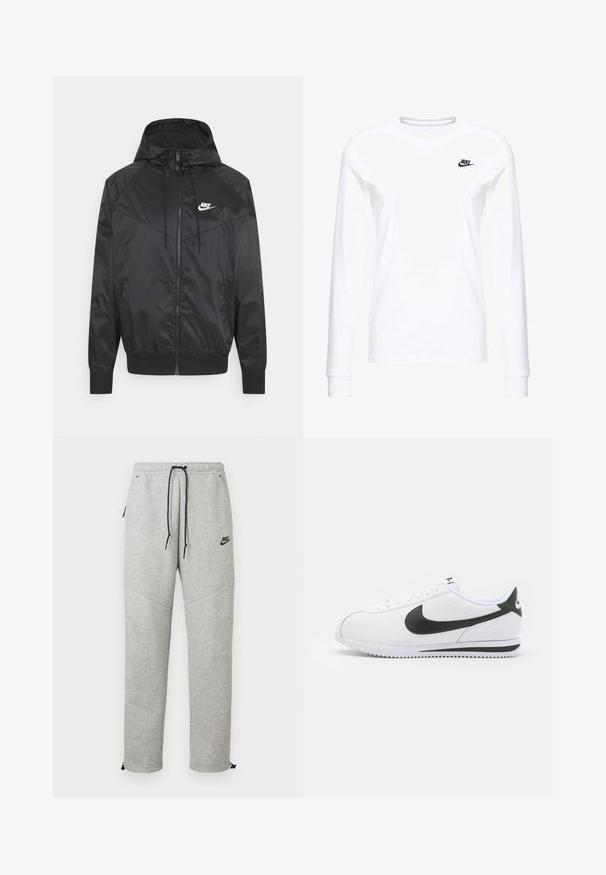 Schwarze Nylon-Bomberjacke mit Kapuze, Reißverschluss, elastischen Bündchen und Schulterpaneelen. Verfügt über ein kleines weißes Nike-Logo auf der Brust.; Weißes Langarm-T-Shirt aus Baumwolle mit kleinem schwarzem Nike-Logo auf der linken Brust und rundem Halsausschnitt. Glatte Textur.; Graue Nike Sweatpants mit einem Kordelzugbund, Seitentaschen und elastischen Bündchen. Sie haben eine glatte Textur und ein kontrastierendes schwarzes Logodetail.; Weiße Ledersneaker mit schwarzem Nike-Swoosh, flachen Schnürsenkeln und strukturiertem Gummisohlen. Abgerundete Zehenpartie und gepolsterter Kragen für zusätzlichen Komfort.