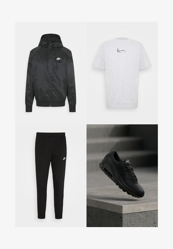Schwarze Nylon-Bomberjacke mit Kapuze, Reißverschluss, elastischen Bündchen und Schulterpaneelen. Verfügt über ein kleines weißes Nike-Logo auf der Brust.; Graues kurzärmeliges T-Shirt aus Baumwolle. Hat einen Rundhalsausschnitt und ein schwarzes handschriftliches Logo auf der Vorderseite. Weicher Stoff.; Schwarze Sweatpants aus weichem Stoff, ausgestattet mit einem elastischen Bund und eng anliegenden Bündchen, mit einem kleinen weißen Nike-Logo auf dem linken Oberschenkel.; Der schwarze Nike Air Max 90 Sneaker besteht aus einer Kombination von Leder- und Mesh-Materialien, hat runde Schnürsenkel und eine sichtbare Air-Einheit in der Sohle.