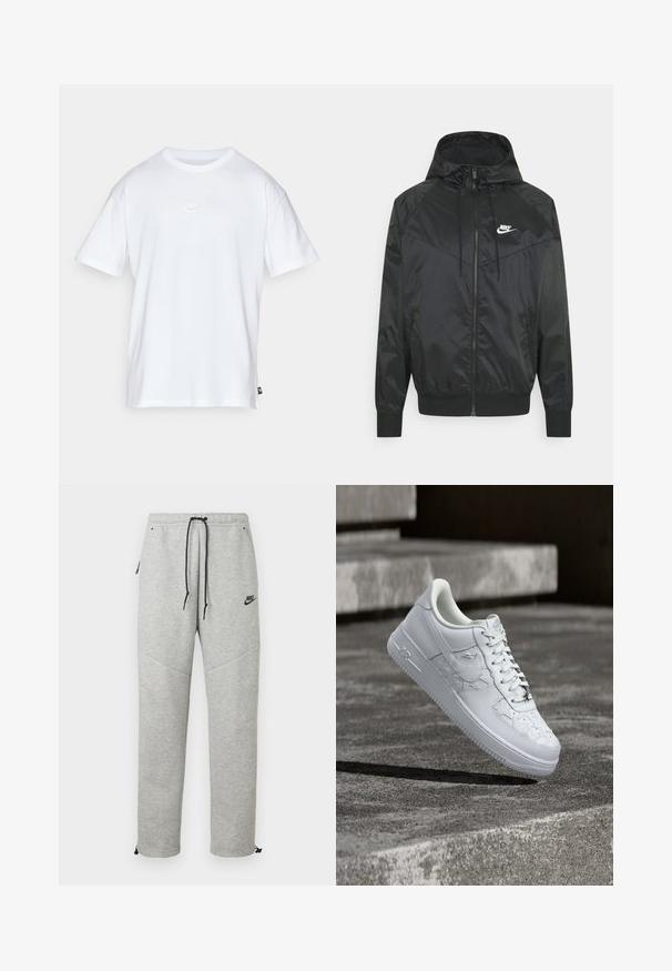 Sort nylon bomberjakke med hætte, lynlåslukning, elastiske ærmer og skulderpaneler. Har et lille hvidt Nike-logo på brystet.; Hvid bomulds T-shirt med korte ærmer og rund hals. Har et lille, diskret Nike-logo på brystet og et sidelabel.; Grå Nike sweatpants med snøre i taljen, sidelommer og elastiske manchetter. Har en glat overflade og kontrastfarvet sort logo-detalje.; Hvid Nike Air Force 1 sneaker med prægede stjernemønstre og en metallisk stjerne snørebåndsvedhæng, der svæver over en betongulv.
