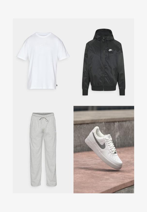 Schwarze Nylon-Bomberjacke mit Kapuze, Reißverschluss, elastischen Bündchen und Schulterpaneelen. Verfügt über ein kleines weißes Nike-Logo auf der Brust.; Weißes Baumwoll-T-Shirt mit kurzen Ärmeln und Rundhalsausschnitt. Verfügt über ein kleines, dezentes Nike-Logo auf der Brust und ein seitliches Etikett.; Helle graue Sweatpants aus weichem Stoff. Mit einem elastischen Bund und Kordelzug sowie dem schwarzen Nike-Logo auf dem linken Oberschenkel.; Weißer Nike Air Force 1 Sneaker mit grauem Swoosh-Logo, der über einer Steinoberfläche und einem grauen Steinwandhintergrund schwebt.