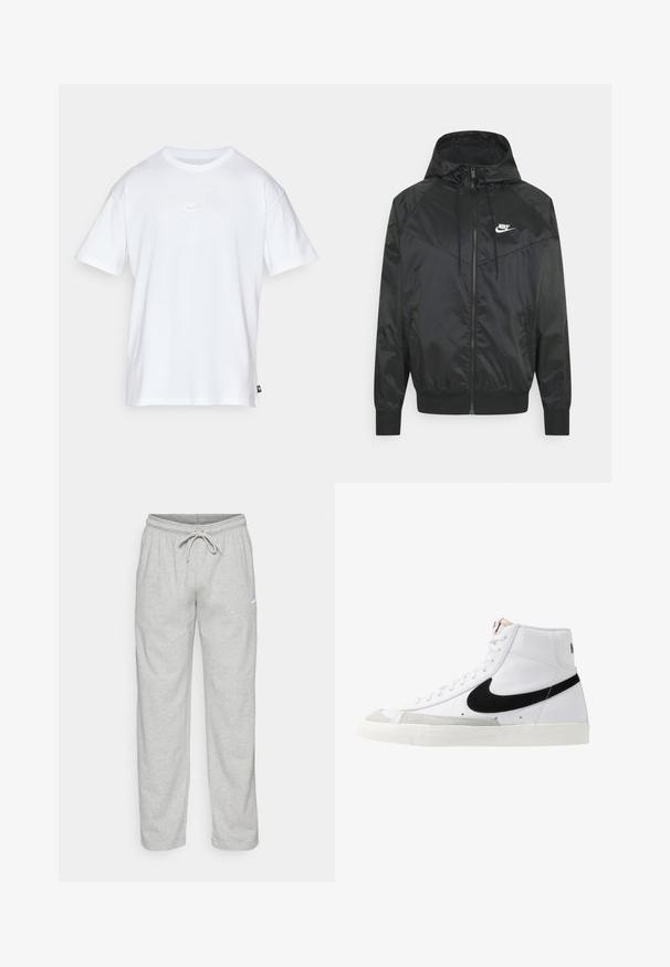 Sort nylon bomberjakke med hætte, lynlåslukning, elastiske ærmer og skulderpaneler. Har et lille hvidt Nike-logo på brystet.; Hvid bomulds T-shirt med korte ærmer og rund hals. Har et lille, diskret Nike-logo på brystet og et sidelabel.; Lys grå sweatpants lavet af blødt stof. Har en elastisk talje med snøre og Nike-logo i sort på venstre lår.; Hvide høje sneakers med et sort swoosh, struktureret grå tåhætte og flad hvid sål. Har seks snørrehuller og syede detaljer.