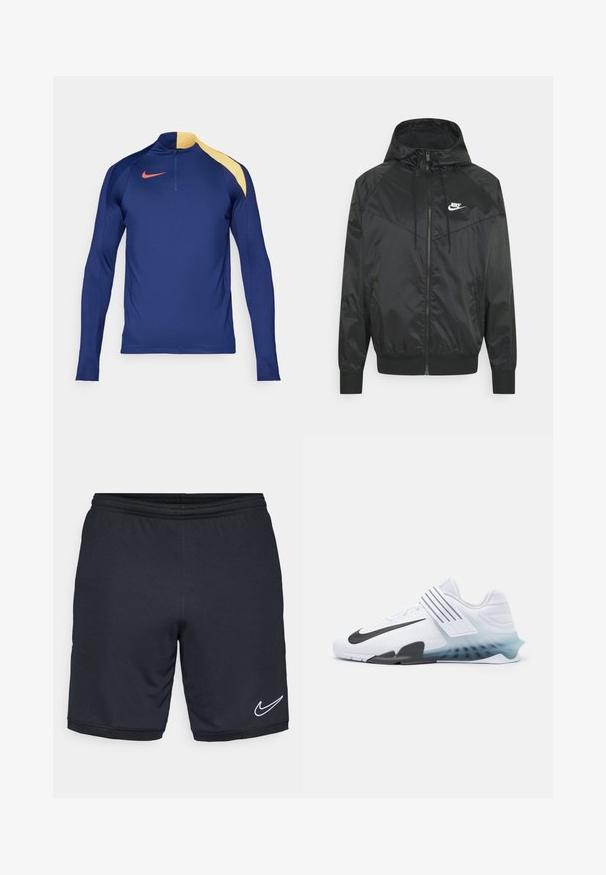 Zwarte nylon bomberjack met capuchon, ritssluiting, elastische manchetten en schouderpanelen. Voorzien van een klein wit Nike-logo op de borst.; Marineblauw sportshirt met lange mouwen, een gele schouderaccent, een half-rits kraag en een rood Nike swoosh logo op de borst.; Zwarte sport shorts van een gladde, lichte stof, met een elastische tailleband en een wit Nike-logo bij de zoom.; Witte sportieve schoen met zwarte Nike swoosh, bovenwerk van mesh, drie zwarte strepen en een verloopsole van blauw naar transparant. Voorzien van versterkte accenten.
