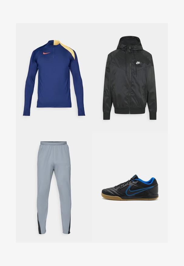 Chaqueta bomber negra de nailon con capucha, cierre de cremallera, puños elásticos y paneles en los hombros. Presenta un pequeño logo blanco de Nike en el pecho.; Camiseta deportiva de manga larga en azul marino con un acento amarillo en el hombro, cuello con media cremallera y el logotipo de Nike en rojo en el pecho.; Pantalones atléticos grises con cintura elástica, piernas entalladas y detalles en negro. Presenta un pequeño logo gris claro en el lado izquierdo.; Zapatilla deportiva negra con acentos azules, parte superior sintética texturizada, cierre de cordones y suela de goma. Presenta un destacado detalle del logo lateral.