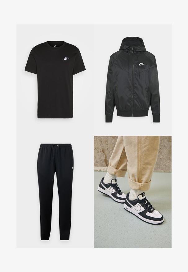 Zwarte nylon bomberjack met capuchon, ritssluiting, elastische manchetten en schouderpanelen. Voorzien van een klein wit Nike-logo op de borst.; Zwart katoen T-shirt met korte mouwen, ronde hals en een klein wit Nike-logo op de bovenste linkerborst. Gladde textuur. Klassieke pasvorm.; Zwarte sweatpants van zacht materiaal, met een elastische tailleband met trekkoord, cuffs bij de enkels en een klein logo-detail aan de zijkant.; Zwart-witte Nike Air Force 1 sneakers met een leren bovenwerk, geperforeerde neus en gestructureerde zooldetails, gedragen met opgerolde beige broek en witte sokken.