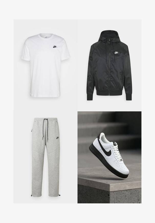 Zwarte nylon bomberjack met capuchon, ritssluiting, elastische manchetten en schouderpanelen. Voorzien van een klein wit Nike-logo op de borst.; Witte katoenen t-shirt met ronde hals, korte mouwen en een zwart Nike-logo op de linkerkant van de borst. Eenvoudig, effen kleur ontwerp.; Grijze Nike trainingsbroek met een verstelbare tailleband, zijzakken en elastische boorden. Heeft een soepele textuur en contrasterende zwarte logo-details.; Witte leren sneaker met zwarte accenten, afgeronde neus en geperforeerde details. Zwarte rubberen zool met een gestructureerd patroon en vetersluiting.