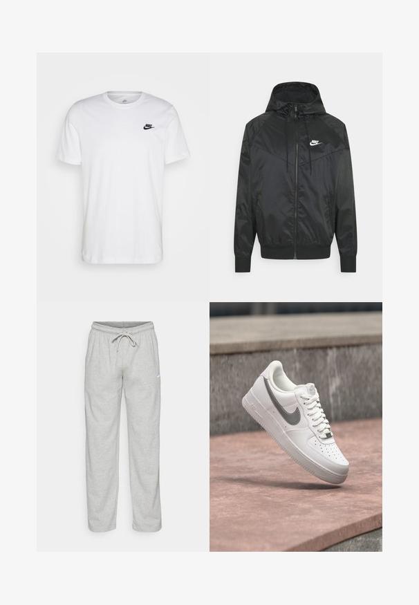 Zwarte nylon bomberjack met capuchon, ritssluiting, elastische manchetten en schouderpanelen. Voorzien van een klein wit Nike-logo op de borst.; Witte katoenen t-shirt met ronde hals, korte mouwen en een zwart Nike-logo op de linkerkant van de borst. Eenvoudig, effen kleur ontwerp.; Lichtgrijze sweatpants van zachte stof. Heeft een elastische tailleband met trekkoord en een zwart Nike-logo op de linker bovenbeen.; Witte Nike Air Force 1 sneaker met grijs swoosh-logo zwevend boven een stenen oppervlak en een grijze stenen muur op de achtergrond.