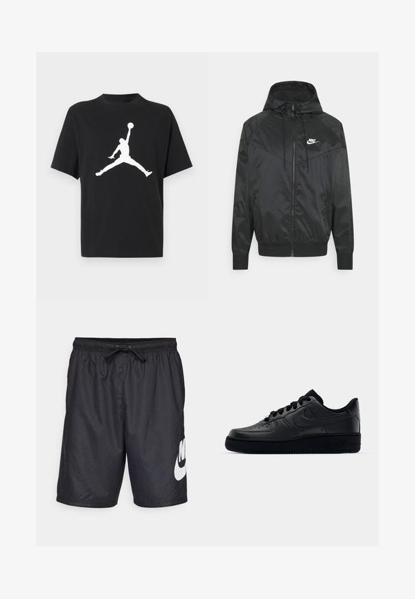 Sort nylon bomberjakke med hætte, lynlåslukning, elastiske ærmer og skulderpaneler. Har et lille hvidt Nike-logo på brystet.; Sort T-shirt med korte ærmer med en hvid silhuet af en basketballspiller, der hopper, og holder en bold over hovedet i en stjernehop-position.; Sorte badebukser lavet af let materiale, med en elastisk talje med snor og et stort hvidt Nike-logo på venstre ben.; Sort Nike Air Force 1 sneaker med en glat læderoverdel, perforeret tå for åndbarhed, sorte snørebånd og en textured gummisål.