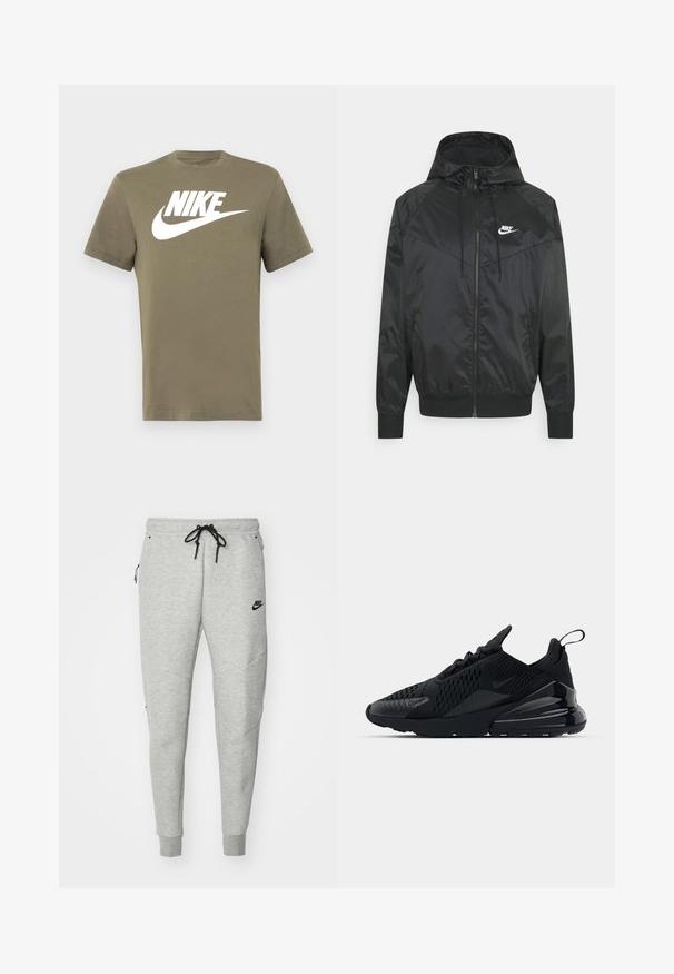 Chaqueta bomber negra de nailon con capucha, cierre de cremallera, puños elásticos y paneles en los hombros. Presenta un pequeño logo blanco de Nike en el pecho.; Camiseta de manga corta verde oliva hecha de algodón, con un logo de Nike blanco y el característico swoosh impreso en el frente. Diseño simple con cuello redondo.; Pantalones de chándal grises con una textura suave, cintura elástica, cordón ajustable negro, dos bolsillos laterales y un pequeño logotipo negro.; Zapatilla Nike Air Max 270 negra que presenta un Upper texturizado, paneles de malla y un talón brillante con uma unidad de amortiguación de aire prominente.