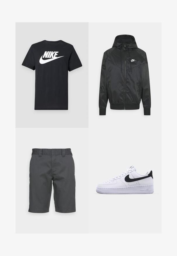 Zwarte nylon bomberjack met capuchon, ritssluiting, elastische manchetten en schouderpanelen. Voorzien van een klein wit Nike-logo op de borst.; Zwarte korte mouwen T-shirt met wit Nike-logo en swoosh in het midden van de borst, weergegeven op een lichtgrijze achtergrond.; Donkergrijze shorts van een duurzaam materiaal, met een platte voorkant, riemlussen en een iets relaxte pasvorm, zonder zichtbare patronen of accenten.; Witte leren sneaker met een gestructureerde zwarte Swoosh, platte veters en een rubberen zool met een geribbeld patroon. "AIR" is in de hak geperst.