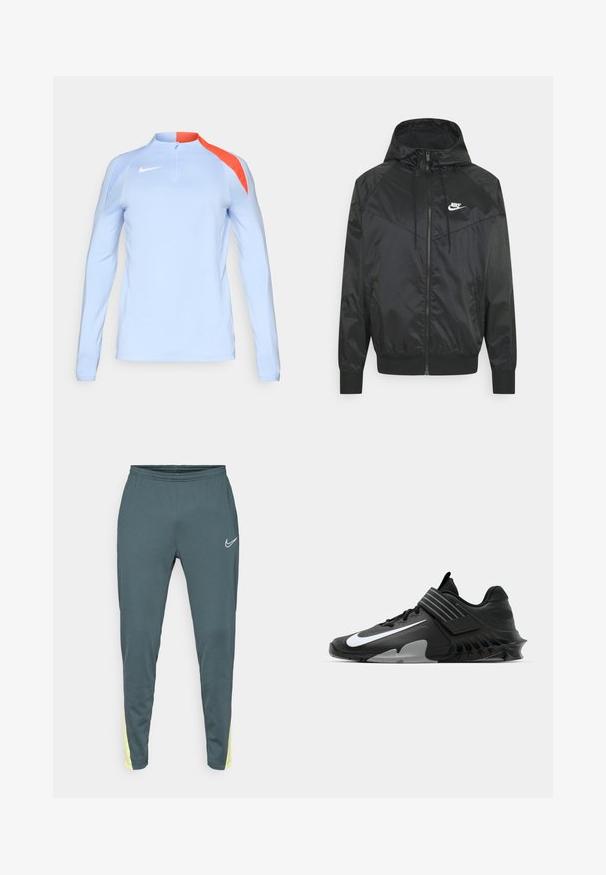 Zwarte nylon bomberjack met capuchon, ritssluiting, elastische manchetten en schouderpanelen. Voorzien van een klein wit Nike-logo op de borst.; Lichtblauwe sporttop met lange mouwen en een kwartrits, met oranje accenten op de schouders en een klein wit Nike-logo op de borst.; Donker teal sportbroek met een elastische tailleband, taps toelopende benen en heldergele accenten aan de zijkanten. Heeft een wit logo aan de voorkant.; Zwarte sportchoenen met een slank ontwerp, voorzien van een opvallend wit Nike-logo, textuur overlays en een onderscheidende gemodelleerde zool.