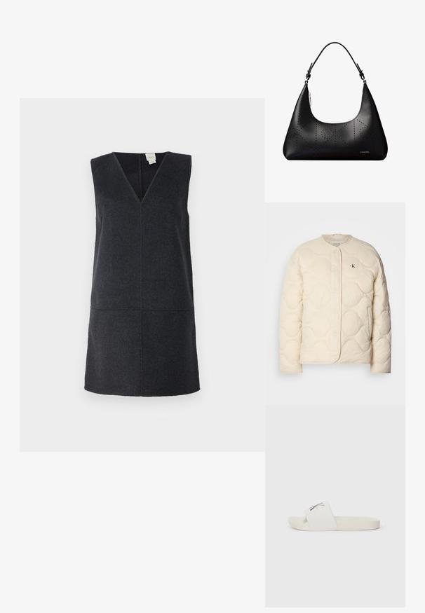 Calvin Klein Jeans INSULATED LINER JACKET - Veste d'hiver - fog; Robe sans manches gris foncé avec un décolleté en V profond, fabriquée à partir d'un mélange de laine douce, présentant une silhouette droite et des détails de couture.; Sandale blanche à glisser avec une tige en tissu comportant un logo sur la bande, une semelle intérieure rembourrée et une semelle extérieure en caoutchouc lisse.; Sac à main Calvin Klein en cuir noir avec un motif géométrique perforé et une bandoulière réglable unique, fermeture éclair sur le dessus.
