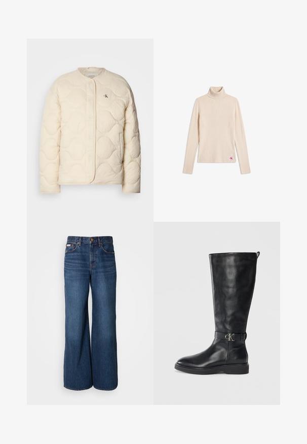 Calvin Klein Jeans INSULATED LINER JACKET - Winterjacke - fog; Beiger gerippter Langarm-Rollkragenpullover mit kleinem Logo-Patch nahe dem unteren Saum auf weißem Hintergrund.; Weite Jeans aus dunkelblauem Denim. Merkmale sind eine hohe Taille, fünf Taschen und kontrastierender orangefarbener Stitching entlang der Nähte.; Schwarze Lederkniehohe Stiefel mit niedrigem Absatz, runder Spitze und metallischem "CK"-Logo-Riemen um den Knöchel.