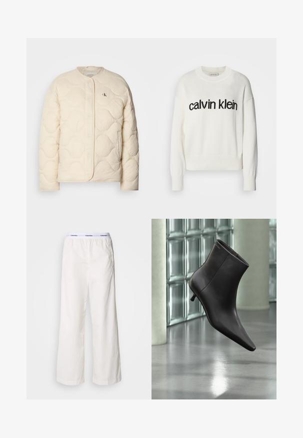 Calvin Klein Jeans INSULATED LINER JACKET - Χειμωνιάτικο μπουφάν - fog; Λευκό πλεκτό πουλόβερ με στρογγυλή λαιμόκοψη και μακρύ μανίκι, με μαύρο λογότυπο "calvin klein" να διατρέχει το στήθος. Μαλακή υφή, κοντή γραμμή.; Λευκά παντελόνια με φαρδιά πόδια και ελαστική ζώνη μέσης, επισημασμένα με το αντίθετο λογότυπο της Calvin Klein. Κατασκευασμένα από απαλό ύφασμα, προσφέρουν άνετη εφαρμογή.; Μαύρο δερμάτινο μποτάκι με μυτερή μύτη και μικρό τακούνι, παρουσιάζεται μπροστά σε τοίχο από γυάλινα τετράγωνα και γυαλισμένο δάπεδο.