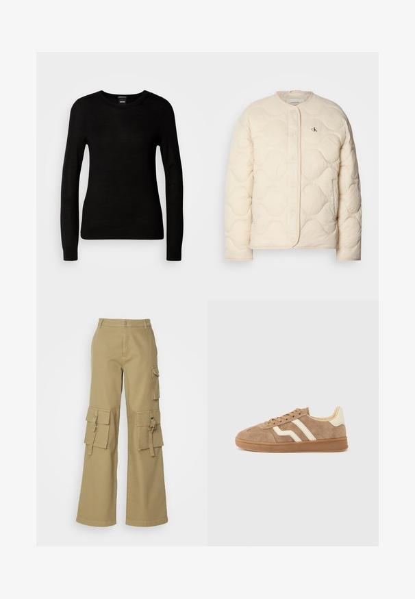 Calvin Klein Jeans INSULATED LINER JACKET - Talvejope - fog; Mustmust, mis on valmistatud peenest kudumisest, millel on ümmargune kaelus ja pikad varrukad, mis on kohandatud mansettidega. Ilma nähtavate mustrite või kaunistusteta.; Khaki cargo püksid laia sääre disainiga, mitme külgtasku ja eesnuppudega sule. Valmistatud vastupidavast puuvillakangast.; Pruun seemisnahast toss valgete triipudega, ümar ninaosaga, beež sisevoodriga ja kummist tallaga. Paelad tekstuurse pinnaga.