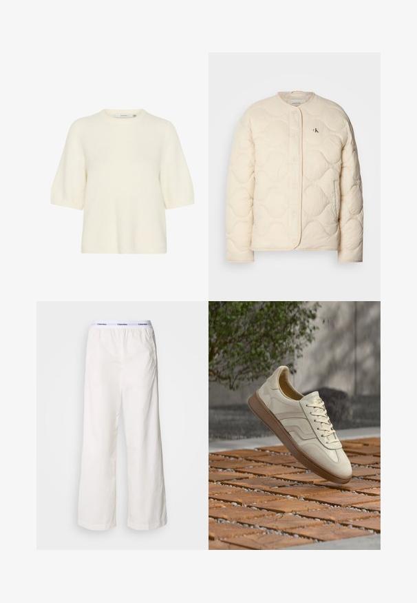 Calvin Klein Jeans INSULATED LINER JACKET - Zimná bunda - fog; Krátky rukáv, sveter s okrúhlym výstrihom vyrobený z mäkkého a nadýchaného materiálu v smotanovej farbe. Má voľný strih s rebrovanými manžetami a lemom.; Biele široké nohavice s elastickým pásom, ktoré majú kontrastné logo Calvin Klein. Vyrobené z hladkého materiálu, ponúkajú uvoľnený strih.; Tenisová obuv krémovej farby s textúrovanou béžovou gumovou podrážkou, šnurovacím dizajnom a jemným logom na boku. Hladký kožený zvršok.