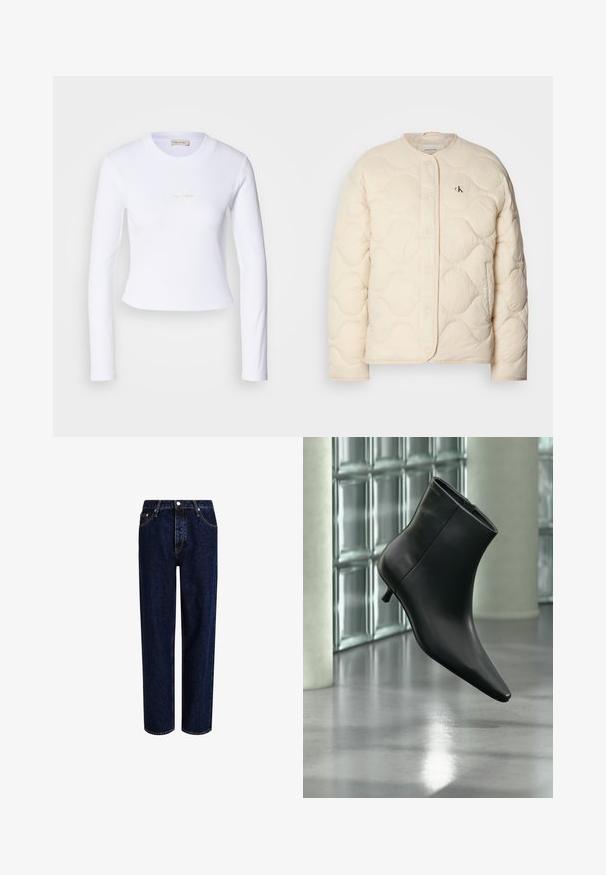 Calvin Klein Jeans INSULATED LINER JACKET - Χειμωνιάτικο μπουφάν - fog; Άσπρο κοντό μπλουζάκι με μακριά μανίκια, που διαθέτει μια διακριτική λογότυπο Calvin Klein στο κέντρο, τοποθετημένο σε ανοιχτό γκρι φόντο.; Σκούρο μπλε τζιν παντελόνι με ίσια γραμμή, διαθέτοντας ψηλή μέση, σχεδίαση με πέντε τσέπες και αντίθετες ραφές. Χωρίς διακοσμητικά στοιχεία.; Μαύρο δερμάτινο μποτάκι αστραγάλου με μυτερή μύτη και χαμηλό τακούνι τύπου kitten heel, εμφανίζεται σε γωνία μπροστά σε γυαλισμένο πάτωμα και τοίχο από γυάλινους τούβλους.