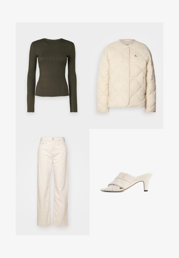 Calvin Klein Jeans INSULATED LINER JACKET - Χειμωνιάτικο μπουφάν - fog; Ελιά πράσινη ριμπ μπλούζα με μακρύ μανίκι και στρογγυλή λαιμόκοψη, με εφαρμοστή γραμμή και διακριτή κυματοειδή υφή κατά μήκος των άκρων.; Ανοιχτό μπεζ τζιν παντελόνι φαρδιάς γραμμής από τζιν ύφασμα, με ψηλή μέση, πέντε τσέπες και ραφές κατά μήκος των ραφών.; Μπεζ mule με ψηλό τακούνι, σχεδιασμένο με συστρεφόμενα λουράκια από δέρμα, ανοιχτό δάχτυλο και ανάγλυφη διακόσμηση με λογότυπο. Η φτέρνα έχει μαύρη λεπτομέρεια στην άκρη.