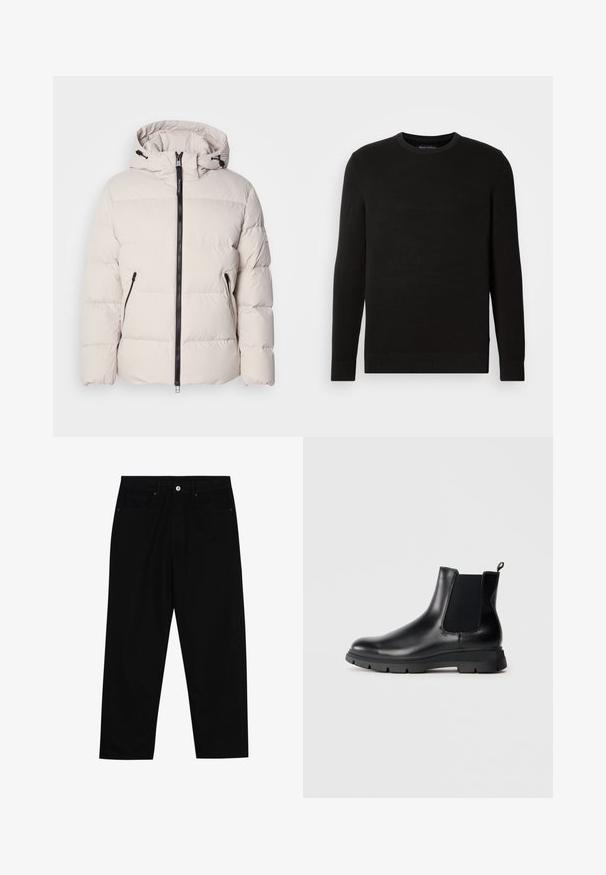 Vatteret jakke i lysebeige med hætte, udstyret med lynlåslukning foran, to sidelommer med lynlås og quiltet tekstur.; Sort strikfanget crew-neck sweater med lange ærmer, tekstureret stof, ribbede manchetter og kant, med et lille logo på brystet.; Sorte denim bukser med lige ben, der har to forlommer, en knaplukning foran og subtile syningsdetaljer.; Sorte læder Chelsea-boots med elastiske paneler, rund tå og tekstureret gummisål. Har en løkkering bagpå for nem påklædning.