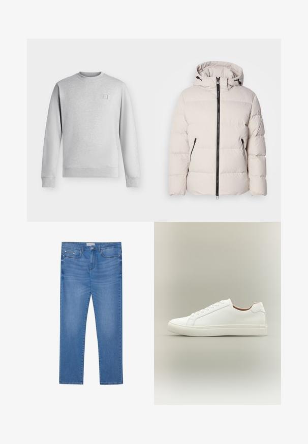Vatteret jakke i lysebeige med hætte, udstyret med lynlåslukning foran, to sidelommer med lynlås og quiltet tekstur.; Lysegrå crewneck sweatshirt med lange ærmer og ribbet manchetter og kant, med et lille firkantet logo på venstre bryst.; Lyseblå denimjeans med lige ben, femlommes design, subtil falming og metalbeslag ved taljen og lommerne.; Hvid lavt snøresko med snørelukning og flad sål, vist fra siden på en neutral baggrund.