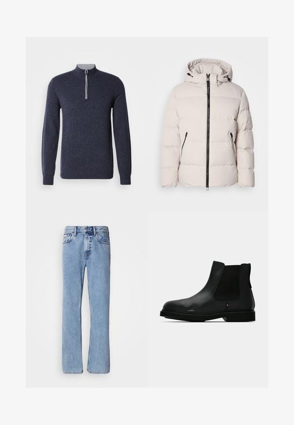 Gewatteerde jas in lichtbeige met capuchon, voorzien van een ritssluiting aan de voorkant, twee zijzakken met rits en een doorgestikte textuur.; Marineblauwe half-zip trui met een grijze kraag. Gemaakt van een gestructureerde stof, met lange mouwen en een nauwsluitend ontwerp.; Lichtblauwe denim jeans met een recht ontwerp, vijf zakken en een knoopsluiting. Stikdetails nabij de zakken en de tailleband.; Zwarte leren Chelsea-laars met elastische zijpanelen, ronde neus en gestructureerd bovenwerk. Voorzien van een platte rubberen zool en subtiele merkdetails.