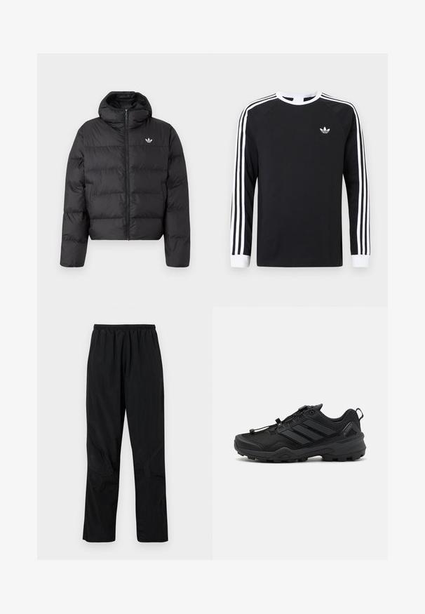 Zwarte gewatteerde jas met capuchon, volledige ritssluiting aan de voorkant, lange mouwen en klein wit Adidas-logo op de linkerborst.; Zwart T-shirt met lange mouwen en een wit drie-strepen ontwerp op de mouwen. Voorzien van een ronde hals en een klein wit logo op de borst.; Zwarte nylont broek met een elastische tailleband, voorzien van een lichte, gestructureerde afwerking en naadaccenten voor een modern ontwerp.; Zwarte sportschoen met een gemêleerde mesh bovenkant, contrasterende synthetische accenten en een robuuste rubberen zool. Voorzien van een veilig vetersysteem en een achterste tab.