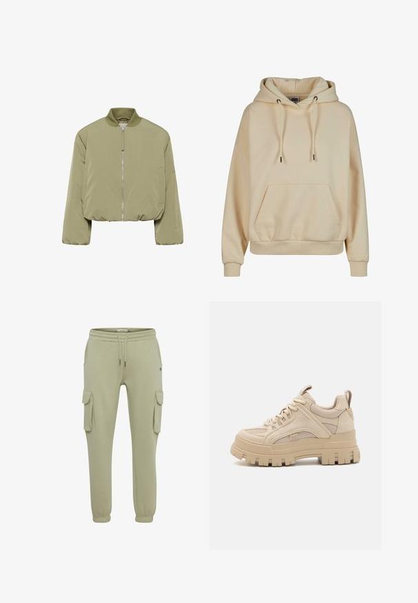 Oliven grøn cropped bomberjakke med en blød tekstur, ribbet krave og front lynlås lukning samt to sidelommer.; Beige hættetrøje med kengurulomme, ribbede manchetter og snoretræk i hætten. Lavet af blødt stof med en afslappet pasform.; Lysgrønne cargo-sweatpants lavet af blødt stof, med sidelommer, elastiske cuffs og en snøre i taljen for justerbar pasform.; Beige chunky sneakers med en blanding af mesh og ruskind, med en tyk sål og fremtrædende slidbane, snørebåndsdesign og brandingdetalje.