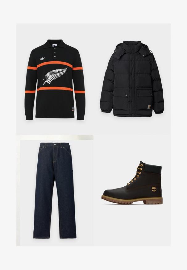Veste noire en tissu bouffant avec un col haut, des boutons-pression, deux poches avant et une capuche ajustable. Le tissu semble lisse et isolant.; Polo noir à manches longues avec des rayures orange, présentant un motif de fougère blanche et une patte de boutonnage à trois boutons. Inclut un logo brodé sur la poitrine.; Jean en denim bleu foncé à jambes droites avec poches avant, passants pour ceinture et fermeture par bouton à la taille sur un fond uni.; Bottine noire en cuir avec œillets dorés, accents marron et semelle en caoutchouc. Comprend un col rembourré et un logo estampé sur le côté.