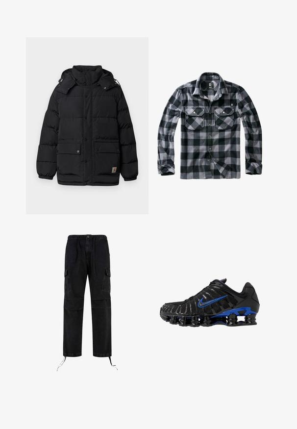 Sort puffy jakke med høj krave, trykknapper, to frontlommer og justerbar hætte. Stoffet ser glat og isoleret ud.; Sort og grå ternet flannel skjorte med knaplukning fortil, to brystlommer og standard krave. Blød tekstur med en afslappet pasform.; Sorte cargo bukser lavet af denim, der har en afslappet pasform, snoretræk med toggles og flere sidelommer. Tekstiler med struktur og syning detaljer.; Sort atletiksko med en mesh-overdel og skinnende accenter. Har blå swoosh, polstret krave og fremtrædende sort gummisål med synlig dæmpning.