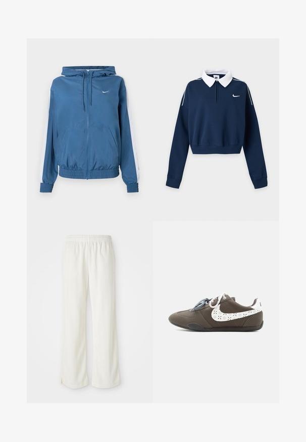 Modrá kapucňa so zipsom, biele pruhy na rukávoch, elastické manžety a lem, predné vrecká a malé biele logo Nike na hrudi.; Tmavomodrá krátka mikina s dlhým rukávom, bielym golierom, malým bielym logom Nike swoosh na ľavej strane hrudníka a bielym lemovaním na pleciach.; Krémyové nohavice s širokým strihom, vyrobené z ľahkého materiálu, s vertikálnymi pruhmi a elastickým pásom.; Sivá nízka teniska s dvojfarebnými šnúrkami a bielym perforovaným logom Swoosh na boku, na jednoduchom svetlom pozadí.