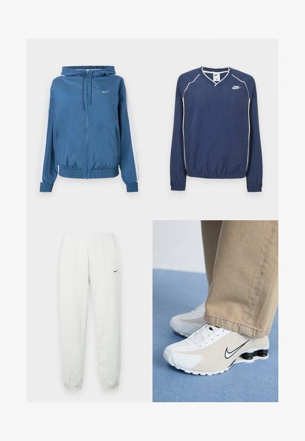 Sininen vetoketjullinen huppari, jossa on valkoiset raidat hihoissa, joustavat hihansuut ja helma, etutaskut sekä pieni valkoinen Nike-logo rinnassa.; Laivastonsininen Nike-pitkähiha-pullover V-kaula-aukolla, valkoisilla saumapipoilla ja kuminauhalla varustetut hihansuut ja helma. Vasemmassa rinnassa on logo.; Vaaleanharmaat Nike-housut, joissa joustava vyötärönauha, kapenevat lahkeet ja pieni musta logo vasemmassa reidessä. Pehmeä, teksturoitu kangas.; Valkoiset ja beige Nike-tennarit, joissa on rei'itetty muotoilu, musta swoosh-logo, teksturoitu päällinen ja erottuva joustava musta kanta.