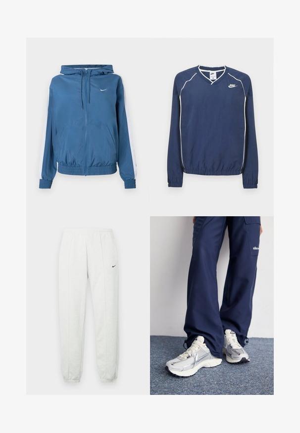 Blaues Zip-Up-Hoodie mit weißen Streifen an den Ärmeln, elastischen Bündchen und Saum, Fronttaschen und einem kleinen weißen Nike-Logo auf der Brust.; Marineblauer Nike Langarm-Pullover mit V-Ausschnitt, weißen Paspeln entlang der Nähte und elastischen Bündchen sowie Saum. Mit Logo auf der linken Brust.; Hellgraue Nike-Jogginghose mit elastischem Bund, zulaufenden Bündchen und einem kleinen schwarzen Logo am linken Oberschenkel. Weicher, strukturierter Stoff.; Nike Sportschuhe mit einem silbernen Mesh-Obermaterial, weißen Akzenten und strukturierten Sohlen, kombiniert mit locker sitzenden marineblauen Hosen.