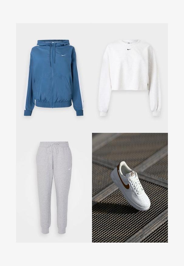 Veste à capuche zippée bleue avec des rayures blanches sur les manches, des poignets et un ourlet élastiques, des poches avant et un petit logo Nike blanc sur la poitrine.; Sweat-shirt raccourci de couleur gris clair, en tissu doux. Caractérisé par un col rond, des manches longues avec des poignets élastiques, et un logo Nike noir au-dessus de la poitrine.; Pantalon de survêtement gris clair avec une taille à cordon, des jambes fuselées et un petit logo blanc sur la cuisse gauche. Fabriqué dans un tissu doux et texturé.; Baskets en cuir blanc avec perforations, logo Nike marron et lacets. Dispose d'une semelle texturée et d'un col rembourré.