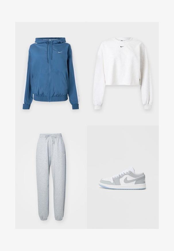 Blå lynlåsjakke med hætte, hvide striber på ærmerne, elastiske manchetter og kant, frontlommer og et lille hvidt Nike-logo på brystet.; Kroppet sweatshirt i lysegrå, lavet af blødt stof. Har rund hals, lange ærmer med elastiske manchetter og et sort Nike-logo over brystet.; Lysgrå sweatpants lavet af blød bomuldsblanding, med elastisk talje og snoretræk, tapered ben og ribbede manchetter. Minimal brandingdetalje.; Nike-sneakers med en blanding af gråt og hvidt læder, perforeret tå, snørebånd og en lys blå ydersål med logodetaljer.