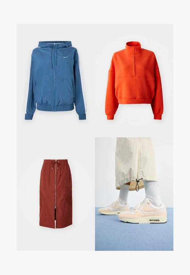 Sinine kapuutsiga jakk, millel on valged triibud varrukatel, elastsed mansetid ja alläär, esiosas taskud ning väike valge Nike logo rinnal.; Erkki heledat oranž cropped sweatshirt, millel on mock neck ja pool tõmblukk, laiad varrukad ja tekstureeritud kangas mugavuse tagamiseks.; Keskmise pikkusega seelik terrakota punases, millel on eesne lukuga, elastne vöökoht koos tõmblukuga ja küljetaskud geomeetrilise mustriga.; Kerged Nike Air Max 1 tennised on valge ja pehme virsiku ülemise osaga, mis on valmistatud võrkkangast ja nahast, nähtava õhuüksuse ning reljeefse tallaga.