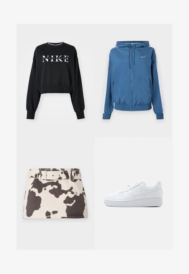 Sinine kapuutsiga jakk, millel on valged triibud varrukatel, elastsed mansetid ja alläär, esiosas taskud ning väike valge Nike logo rinnal.; Lühendatud must puuvillane kapuutsiga dress, millel on valge "NIKE" ja "SPORTSWEAR" trükk, ribatud mansettide ja kraega.; Lehmusprindiga teksaseelik, millel on vööga talje. Osadel on kontrastsed tumeda pruunid kujundid heleda tausta peal. Tekstuuriga kangas, millel on tugev õmblus.; Valged madala lõikega Nike Air Force 1 tossud, millel on nööritav sulgemine, auguauguline varbakast ja küljele iseloomulik Swooshi logo.