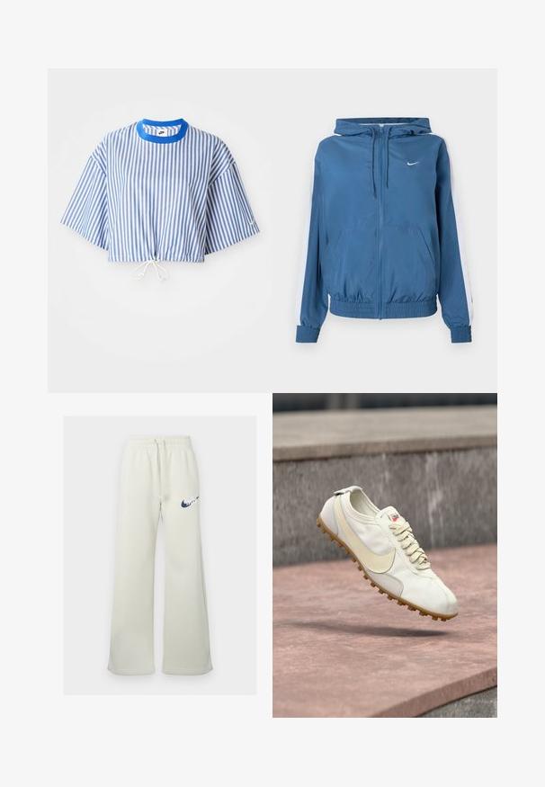 Modrá kapucňa so zipsom, biele pruhy na rukávoch, elastické manžety a lem, predné vrecká a malé biele logo Nike na hrudi.; Zrezaná blúzka s modro-bielymi vertikálnymi pruhmi, krátkymi širokými rukávmi a sťahovacou šnúrkou v páse. Má modrý okrúhly výstrih.; Krémové tepláky vyrobené zo zmesi bavlny, s voľným strihom, elastickým pásom so šnúrkou a námorníckym logom Nike na prednej strane.; Biela a béžová športová obuv so šnúrkami a gumovou podrážkou vznášajúca sa nad kamenným povrchom s rozmazaným betónovým pozadím.