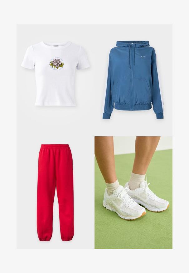 Blaues Zip-Up-Hoodie mit weißen Streifen an den Ärmeln, elastischen Bündchen und Saum, Fronttaschen und einem kleinen weißen Nike-Logo auf der Brust.; Weißes T-Shirt mit kurzen Ärmeln und figurnaher Passform, das ein zentriertes gesticktes Rosenmotiv und kreisförmigen Text um die Blume herum zeigt.; Rote elastische Sweatpants mit elastischem Bund und Bündchen, lockere Passform, schlichtes Design ohne sichtbare Logos oder Muster.; Weiße Sportschuhe mit Netzstoff, Gummisohlen und beige Akzenten. getragen mit hellen Socken auf einer grünen Fläche.