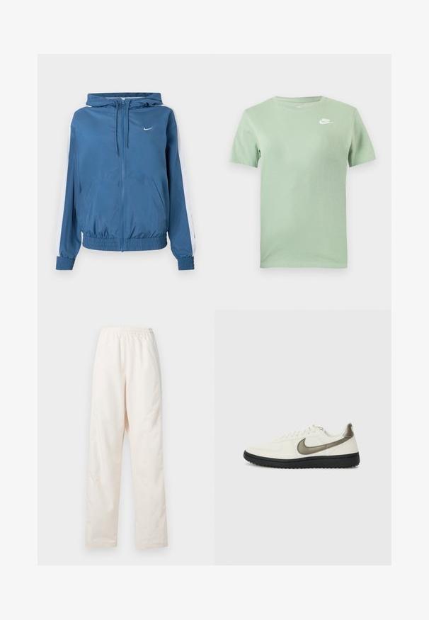 Sininen vetoketjullinen huppari, jossa on valkoiset raidat hihoissa, joustavat hihansuut ja helma, etutaskut sekä pieni valkoinen Nike-logo rinnassa.; Vaaleanvihreä Nike lyhythihainen t-paita pyöreällä pääntiellä ja valkoisella Nike-logolla vasemmassa ylärintakehässä.; Vapaat, kuminauhavyötärölliset kermaan sävyiset housut, joissa on suora lahkeenleikkaus, valkoista taustaa vasten esitetty.; Nike Sportswear FIELD GENERAL - Matalavartiset tennarit - off-white/black